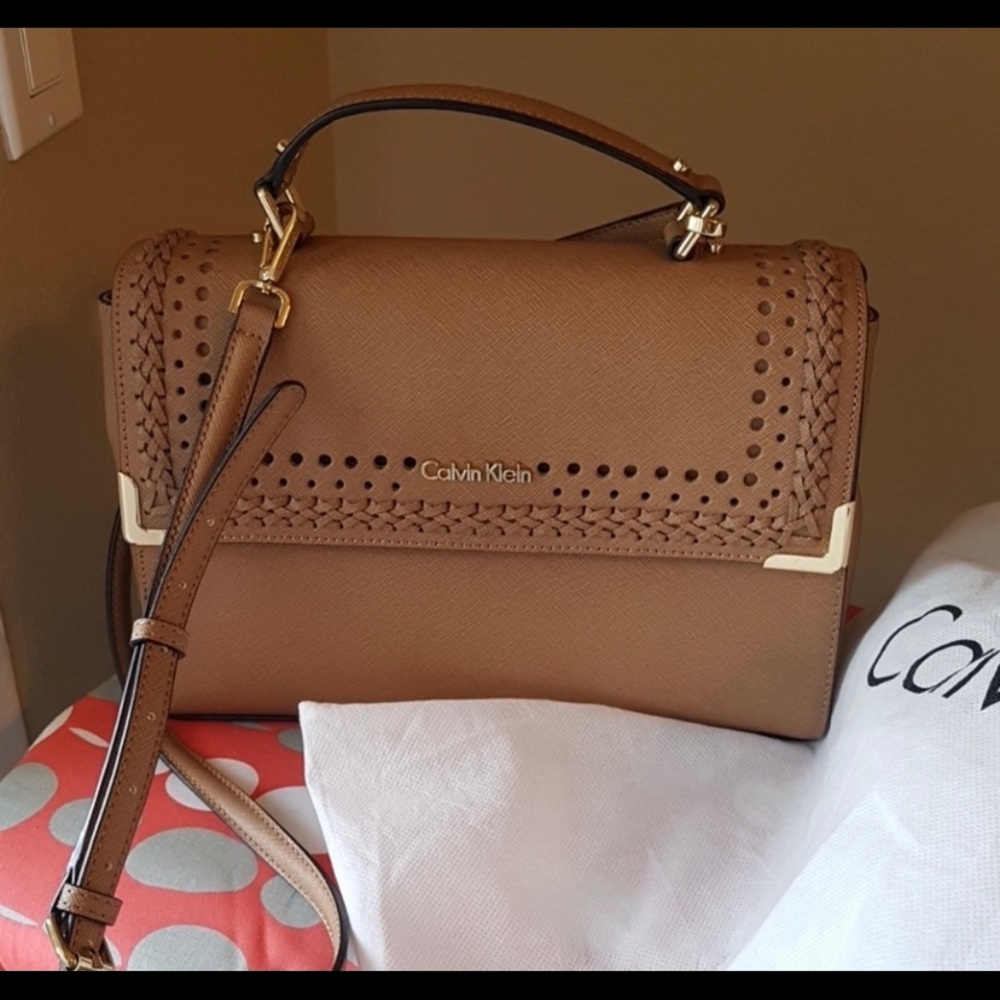 Calvin Klein tan and gold Saffiano crossbody